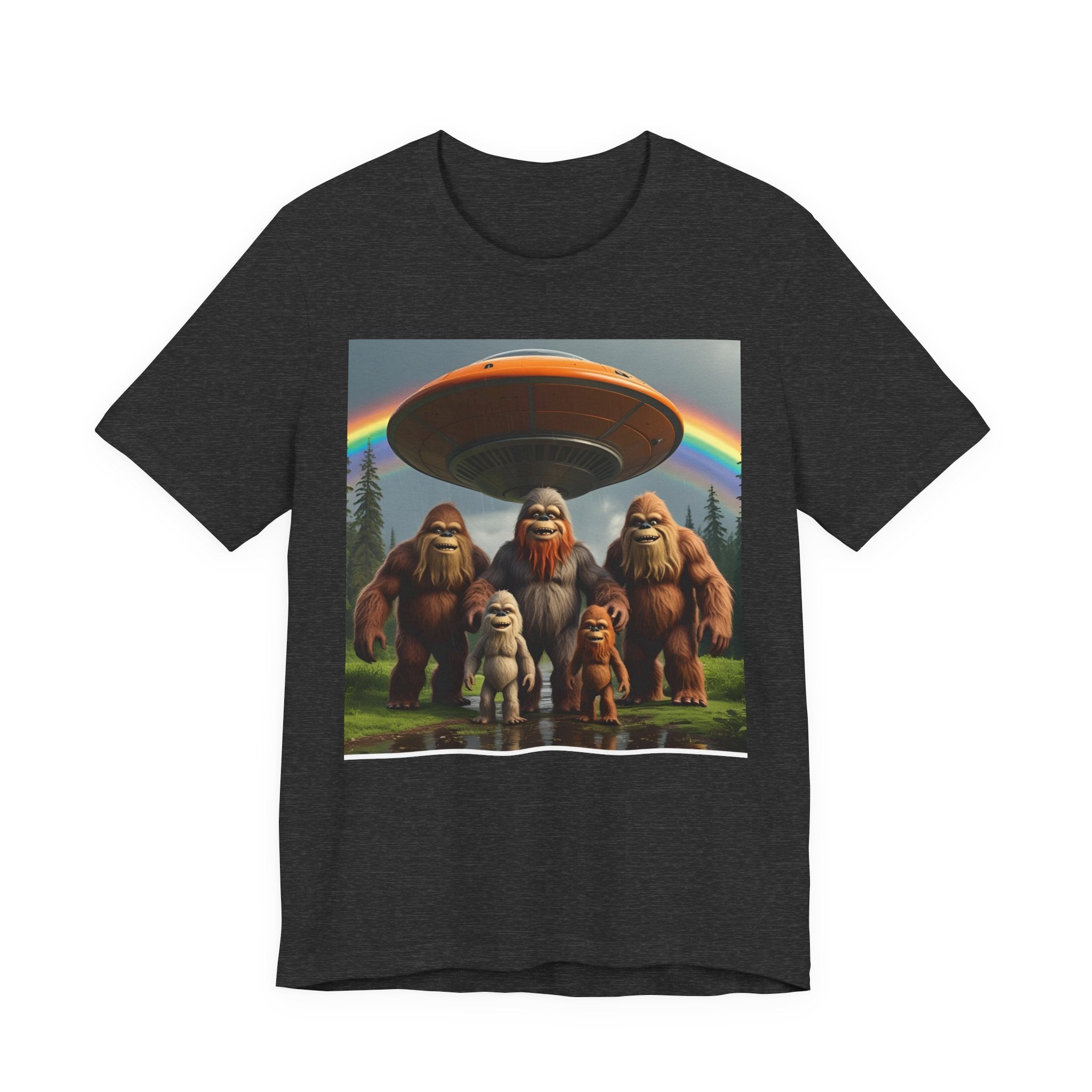 Bigfoot and Aliens Tee, Unisex Jersey Tee, Funny Graphic Shirt, UFO Lover Gift, Outdoor Adventure Apparel