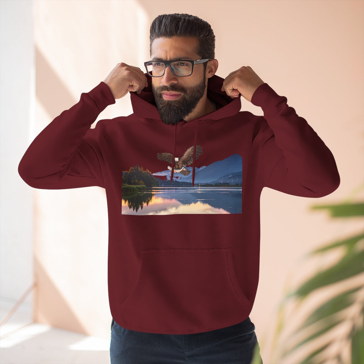 Sunset Lake Eagle Hoodie - Nature Landscape Fleece Pullover