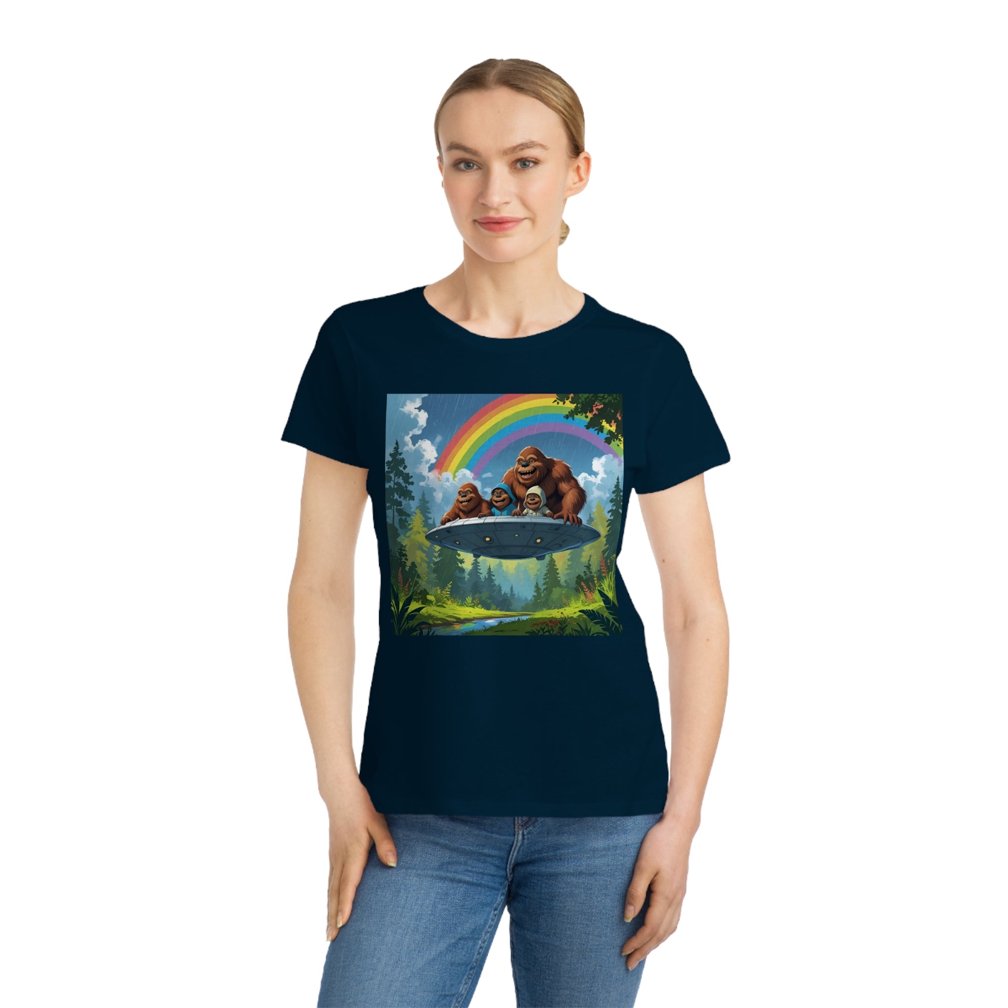 Whimsical Bigfoot Adventure T-Shirt, Fun Women's Tee, Summer Fashion, Hiking Gift, Rainbow Art Tee, Casual Wear, Nature Lover Shirt