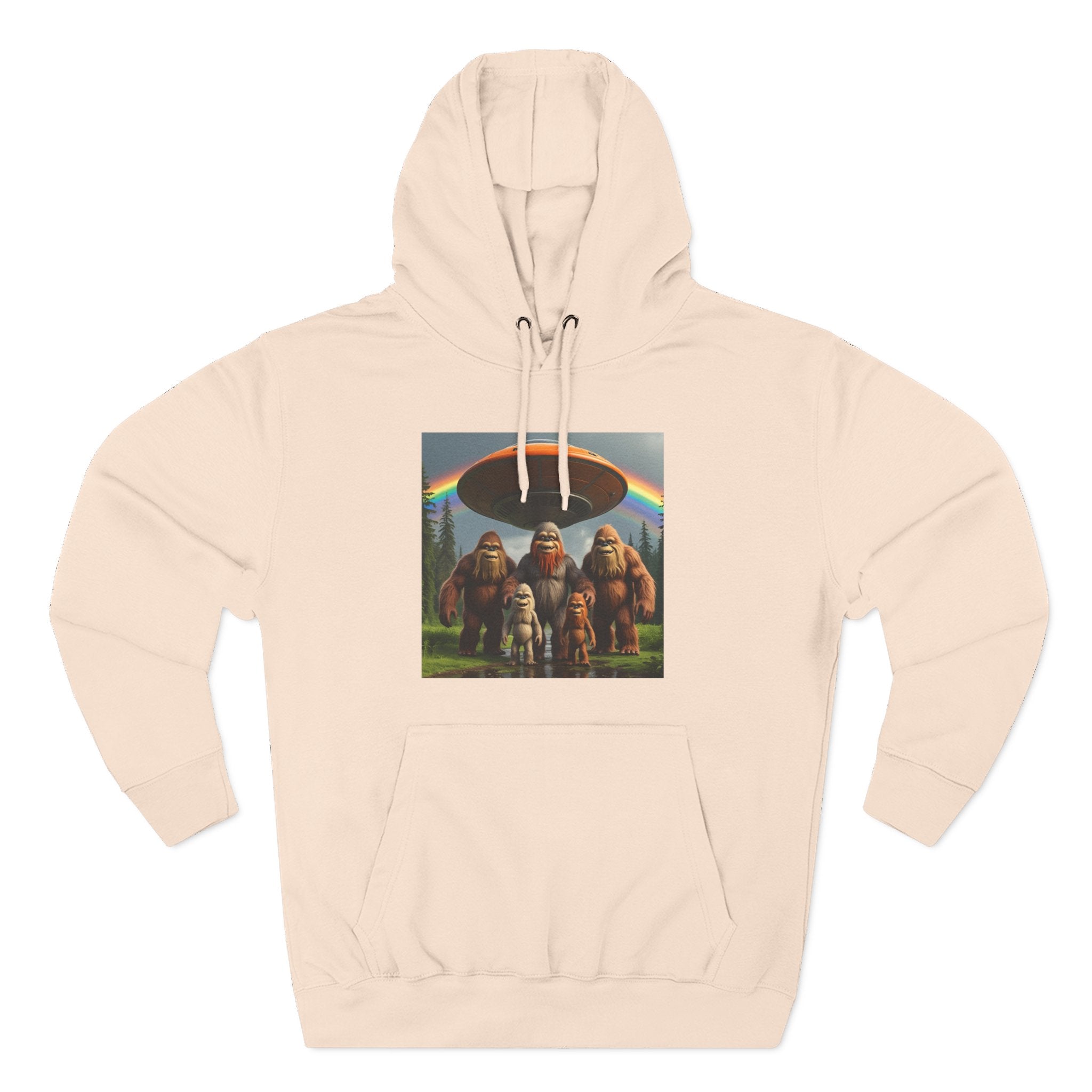 Sasquatch Family Rainbow Hoodie — Retro Bigfoot Graphic Pullover