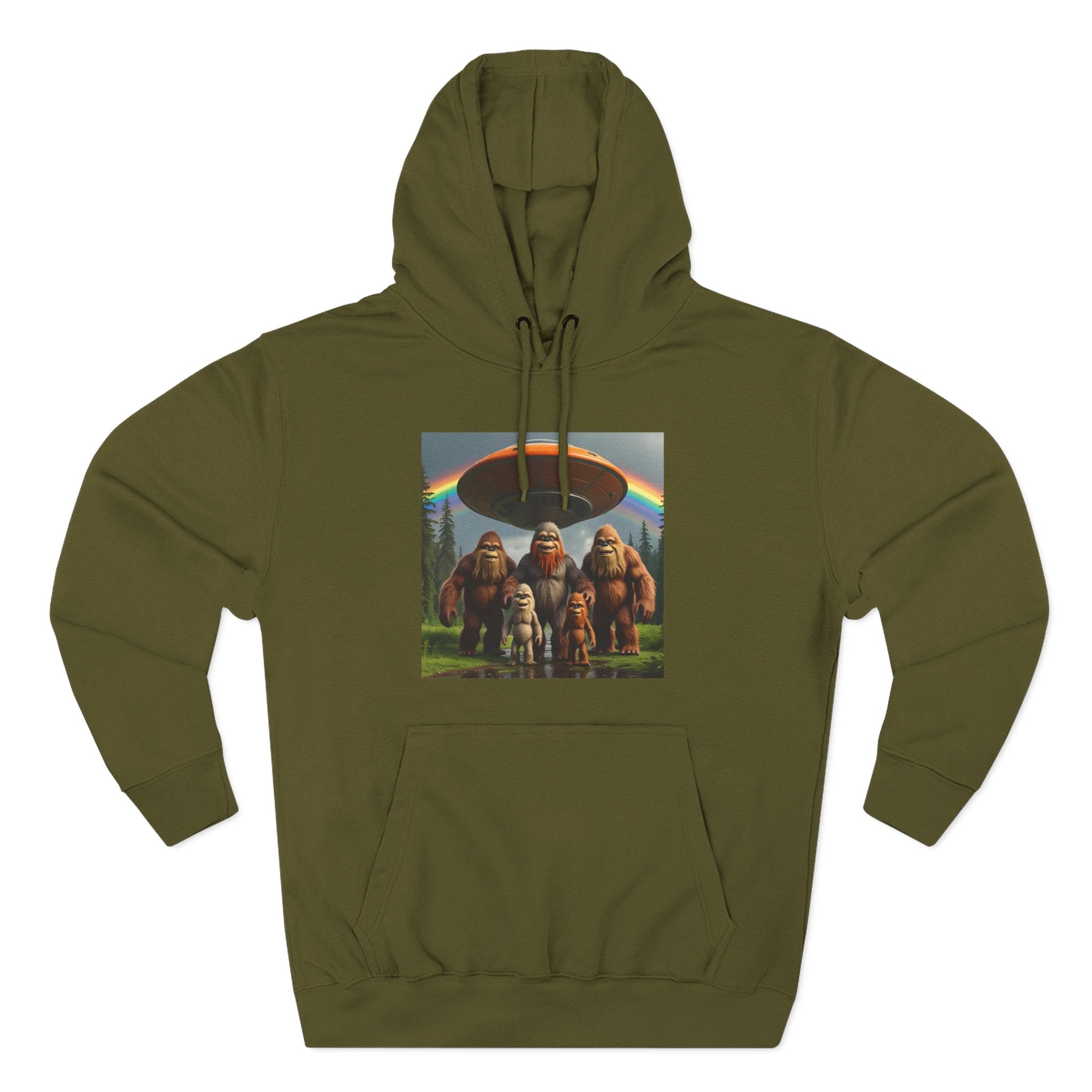 Sasquatch Family Rainbow Hoodie — Retro Bigfoot Graphic Pullover