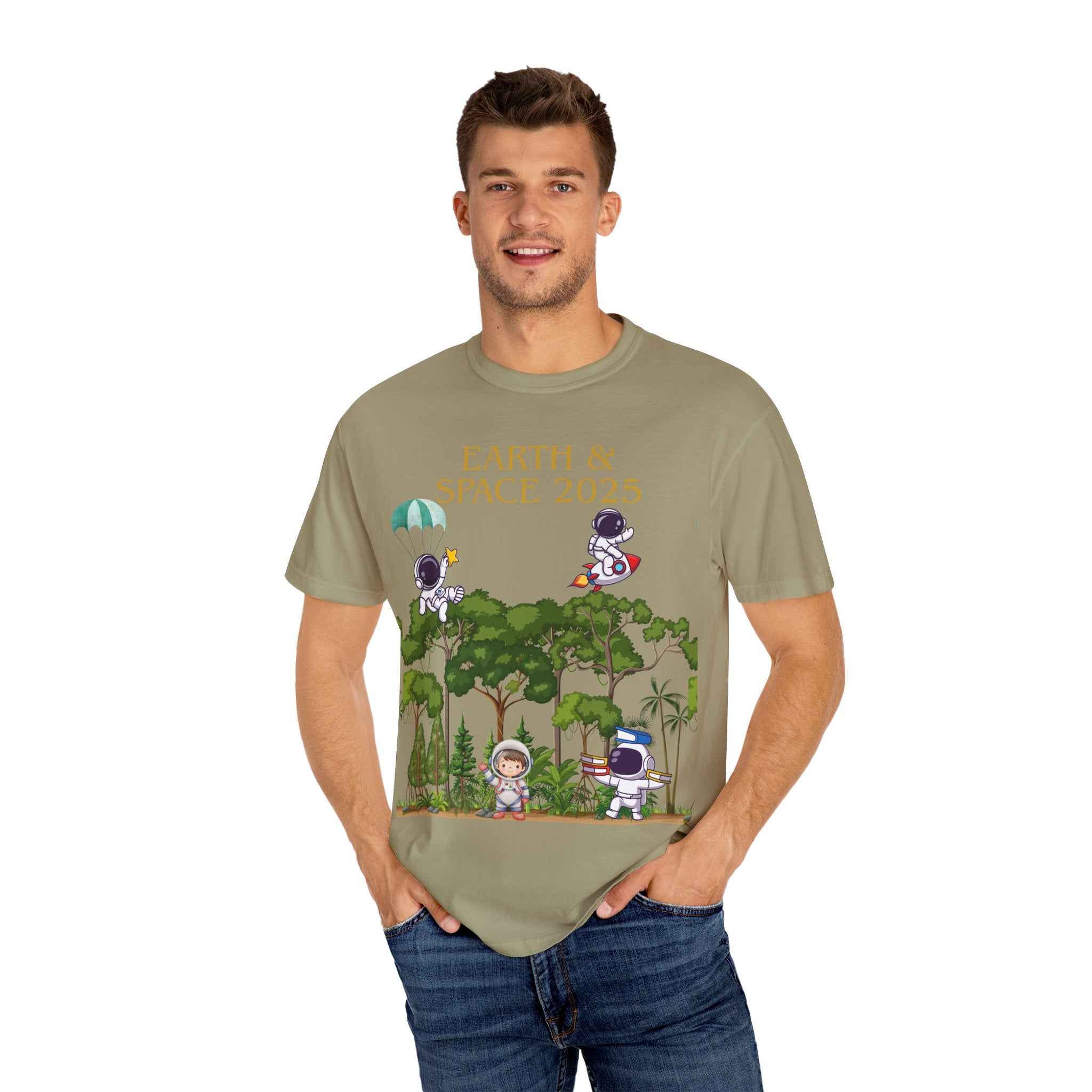 Earth & Space 2025 Unisex T-shirt, Cute Astronaut Tee, Nature Lover Shirt, Space Exploration Gift, Eco-Friendly Tee