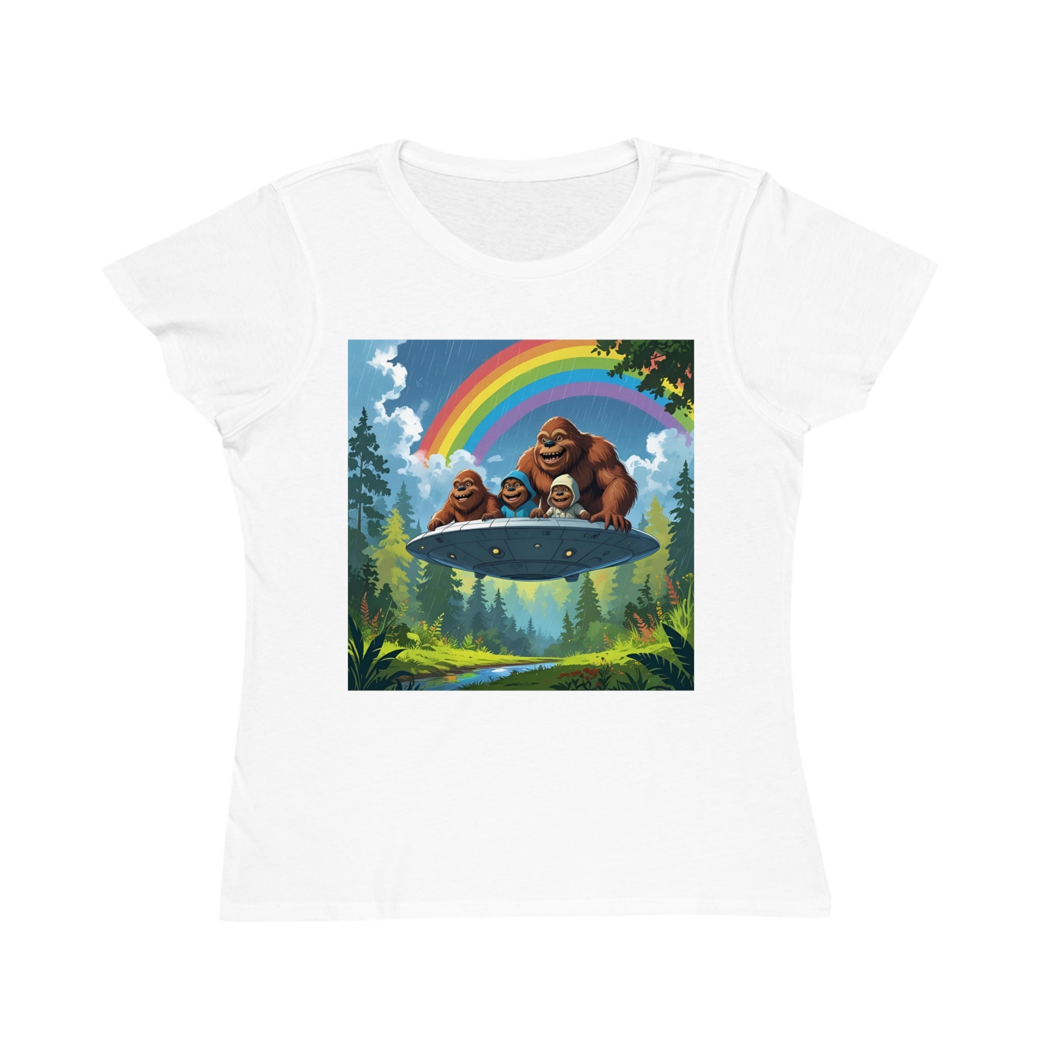 Whimsical Bigfoot Adventure T-Shirt, Fun Women's Tee, Summer Fashion, Hiking Gift, Rainbow Art Tee, Casual Wear, Nature Lover Shirt
