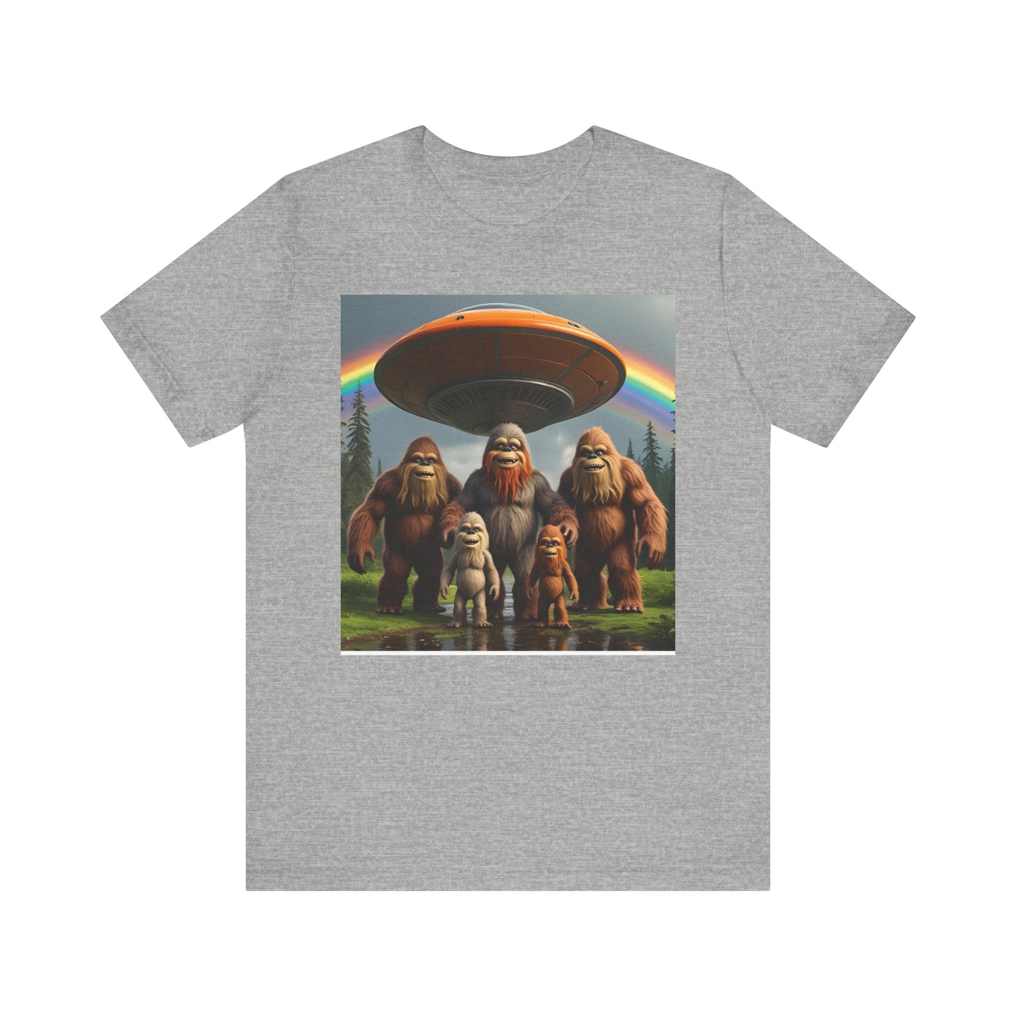 Bigfoot and Aliens Tee, Unisex Jersey Tee, Funny Graphic Shirt, UFO Lover Gift, Outdoor Adventure Apparel