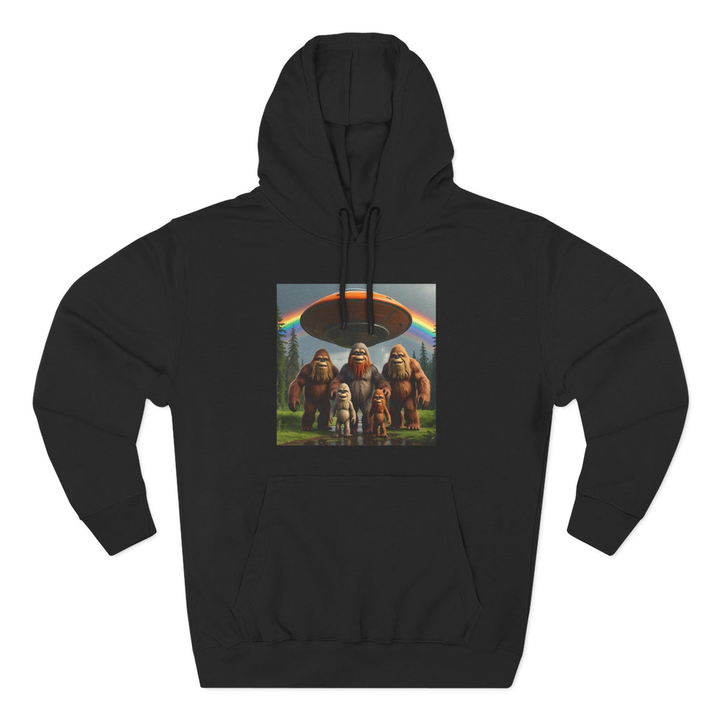 Sasquatch Family Rainbow Hoodie — Retro Bigfoot Graphic Pullover