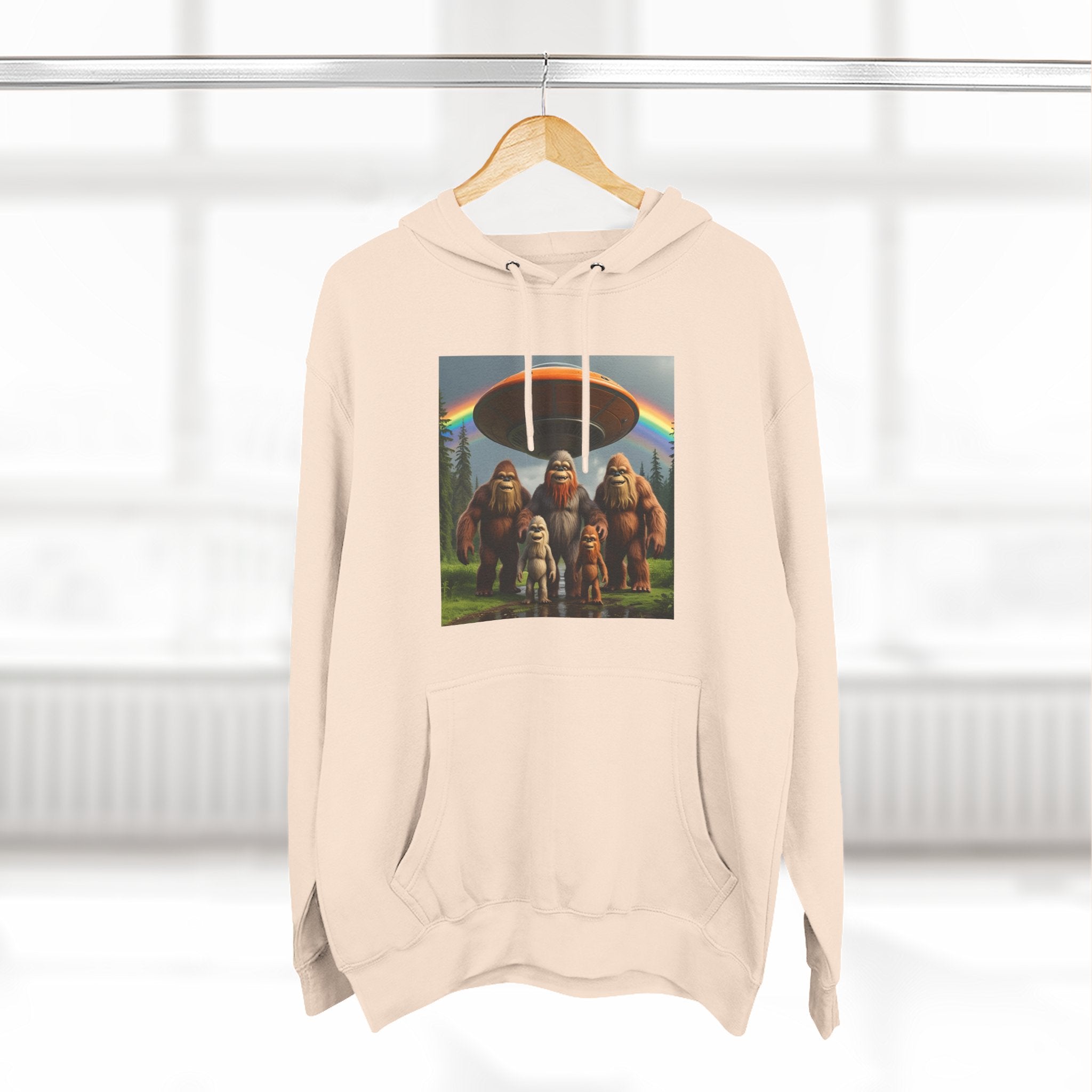 Sasquatch Family Rainbow Hoodie — Retro Bigfoot Graphic Pullover