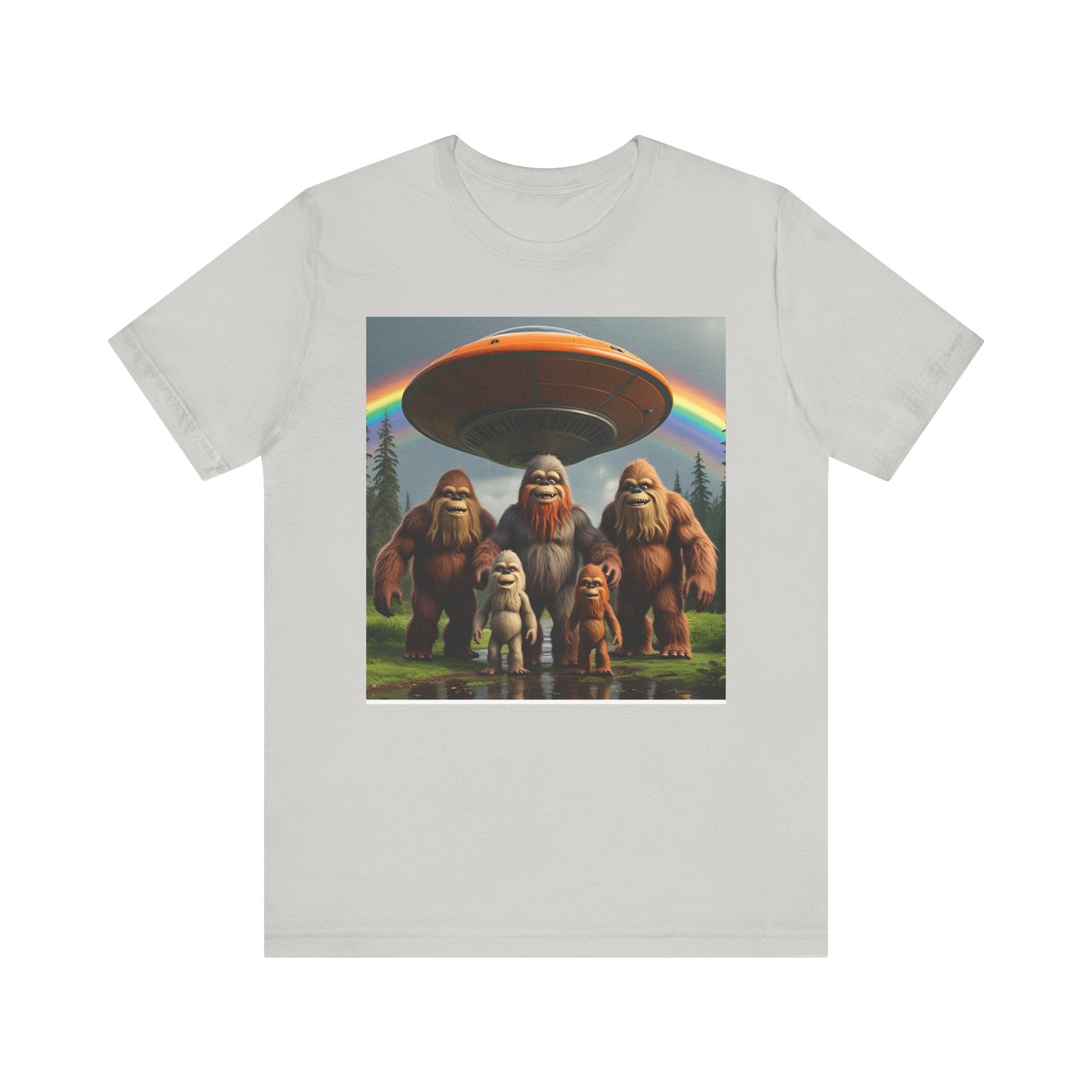Bigfoot and Aliens Tee, Unisex Jersey Tee, Funny Graphic Shirt, UFO Lover Gift, Outdoor Adventure Apparel