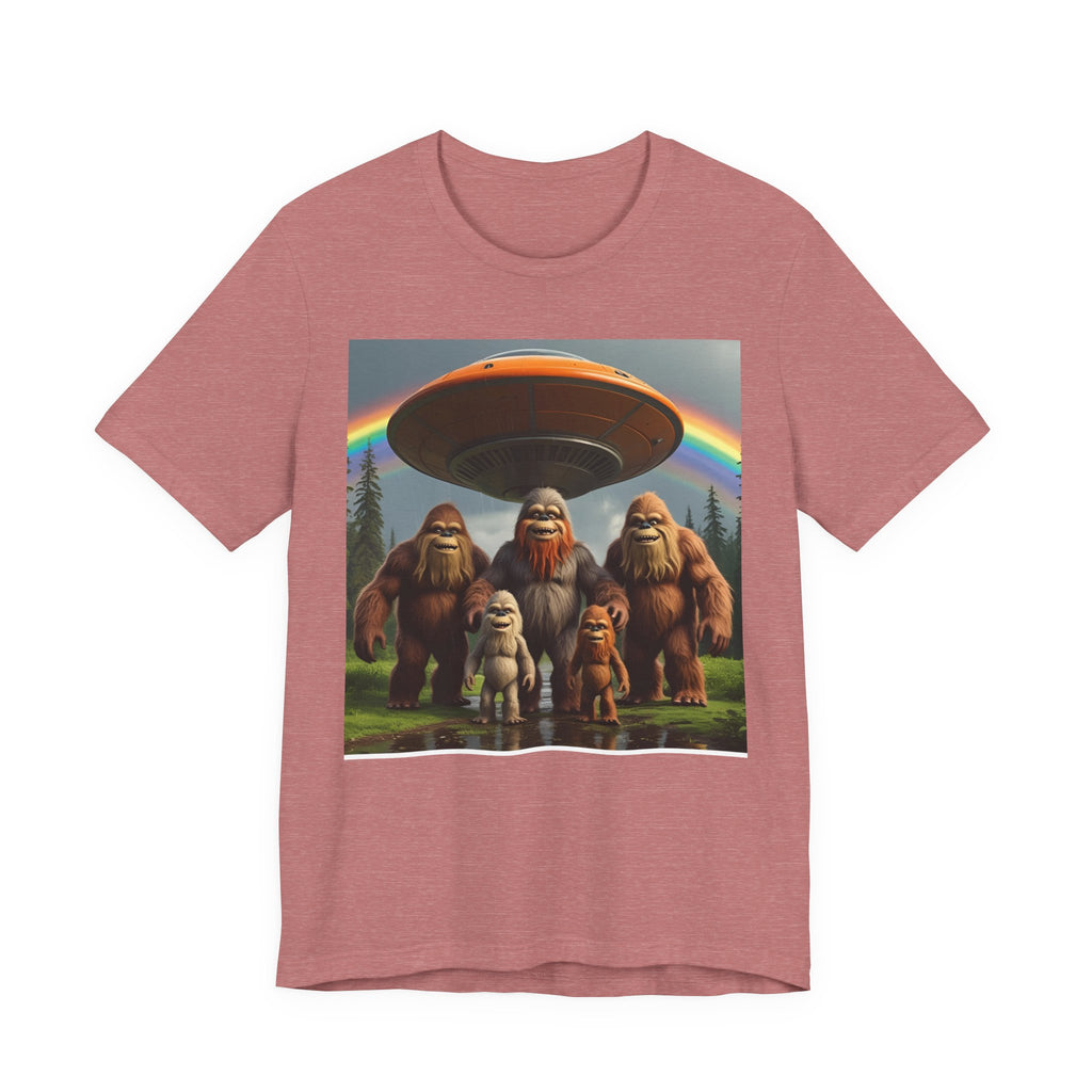 Bigfoot and Aliens Tee, Unisex Jersey Tee, Funny Graphic Shirt, UFO Lover Gift, Outdoor Adventure Apparel