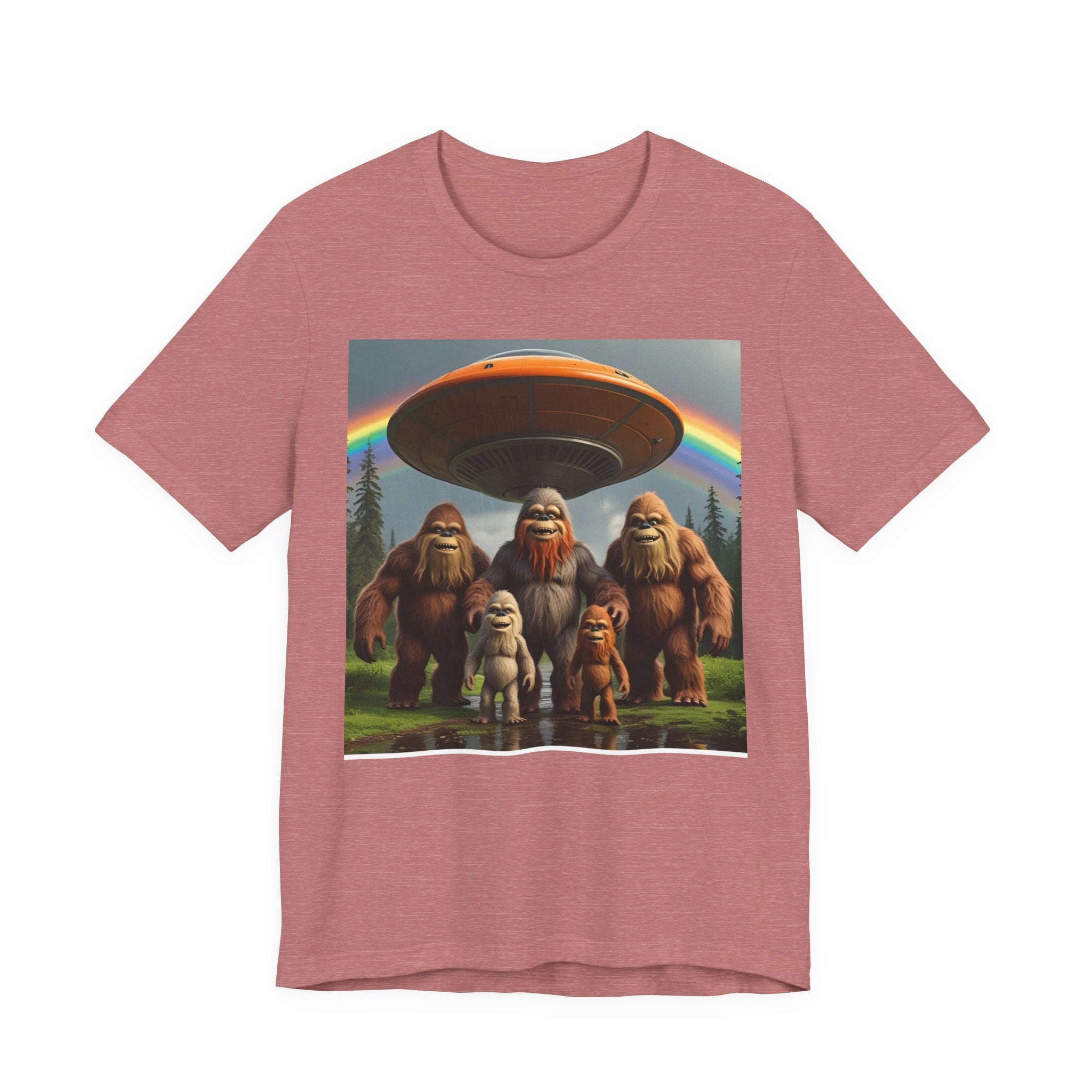 Bigfoot and Aliens Tee, Unisex Jersey Tee, Funny Graphic Shirt, UFO Lover Gift, Outdoor Adventure Apparel