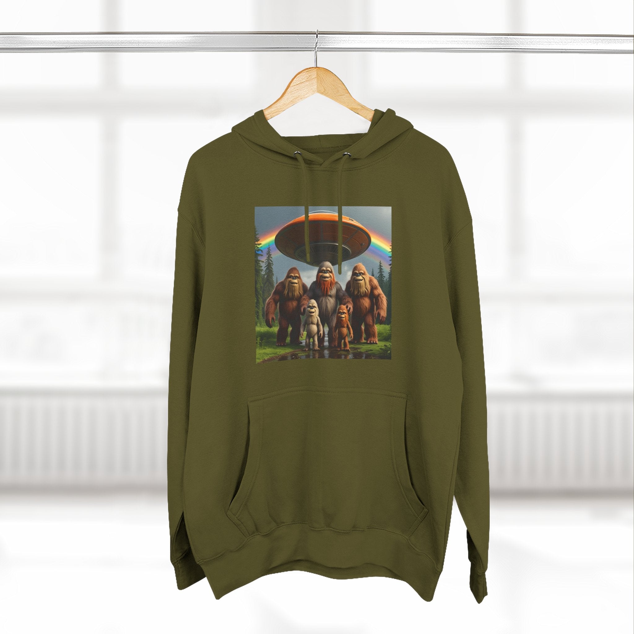 Sasquatch Family Rainbow Hoodie — Retro Bigfoot Graphic Pullover