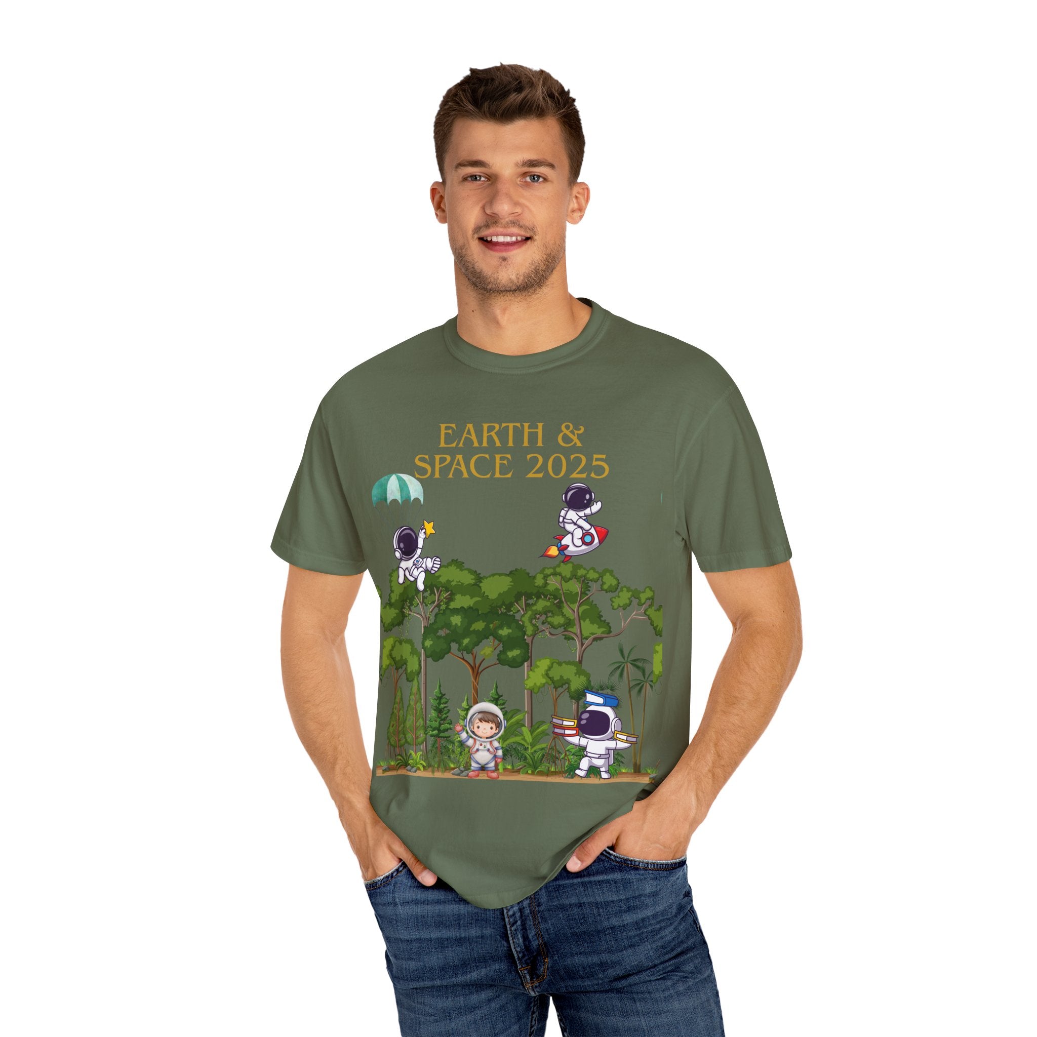 Earth & Space 2025 Unisex T-shirt, Cute Astronaut Tee, Nature Lover Shirt, Space Exploration Gift, Eco-Friendly Tee