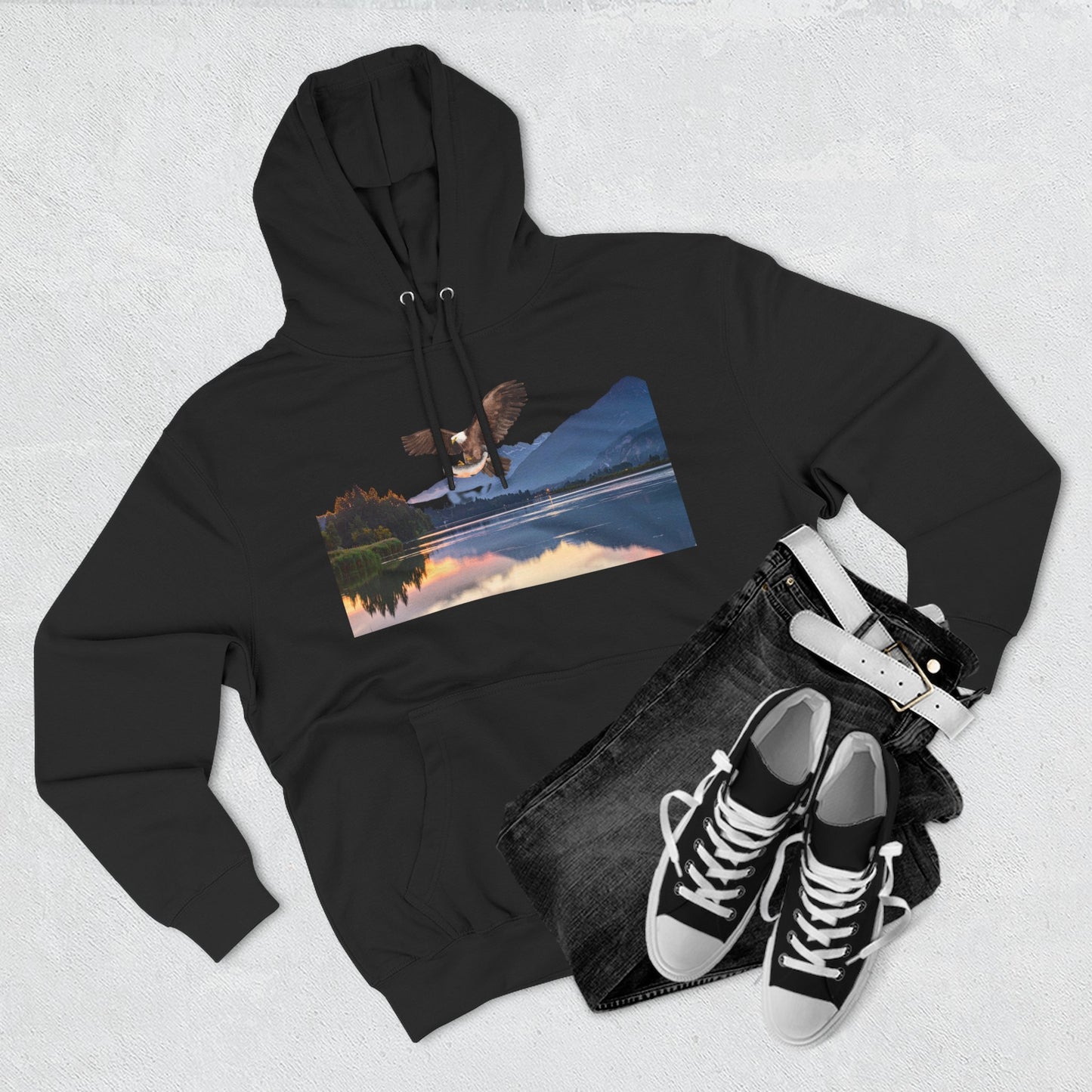 Sunset Lake Eagle Hoodie - Nature Landscape Fleece Pullover